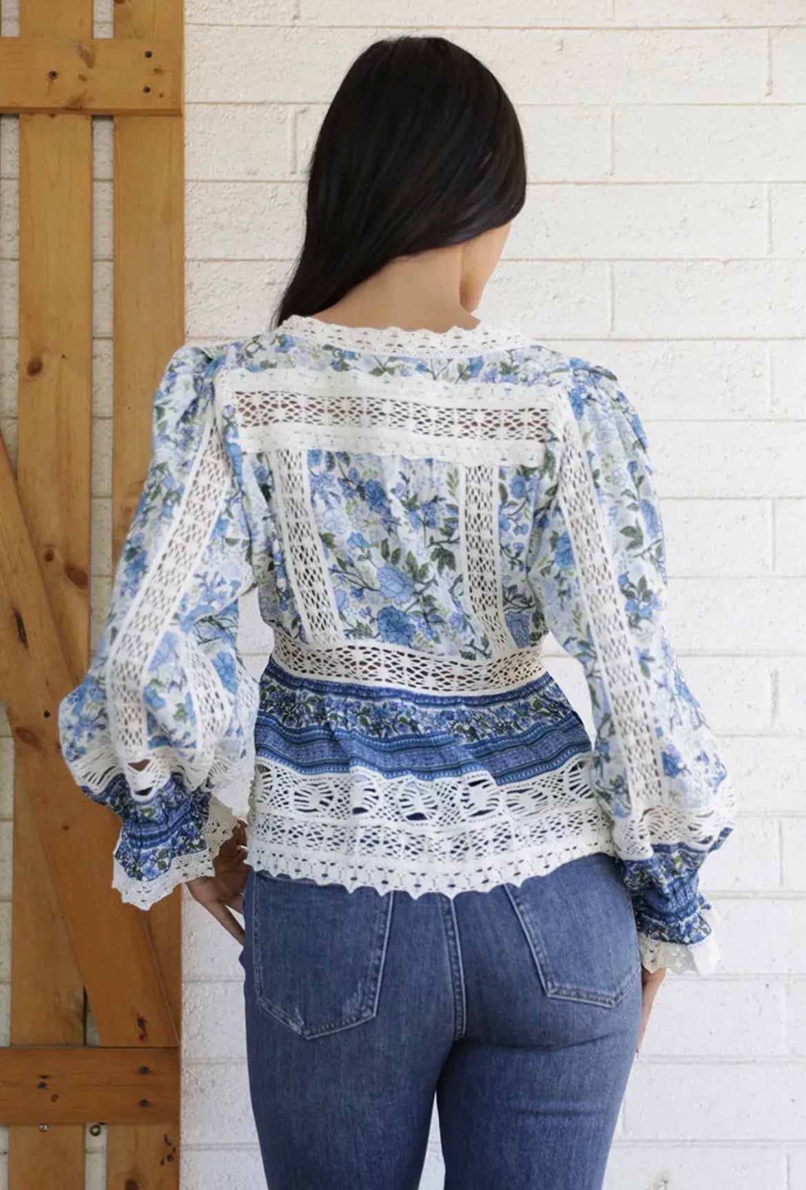 Beth Lace Trim Front Tie Long Sleeve Top
