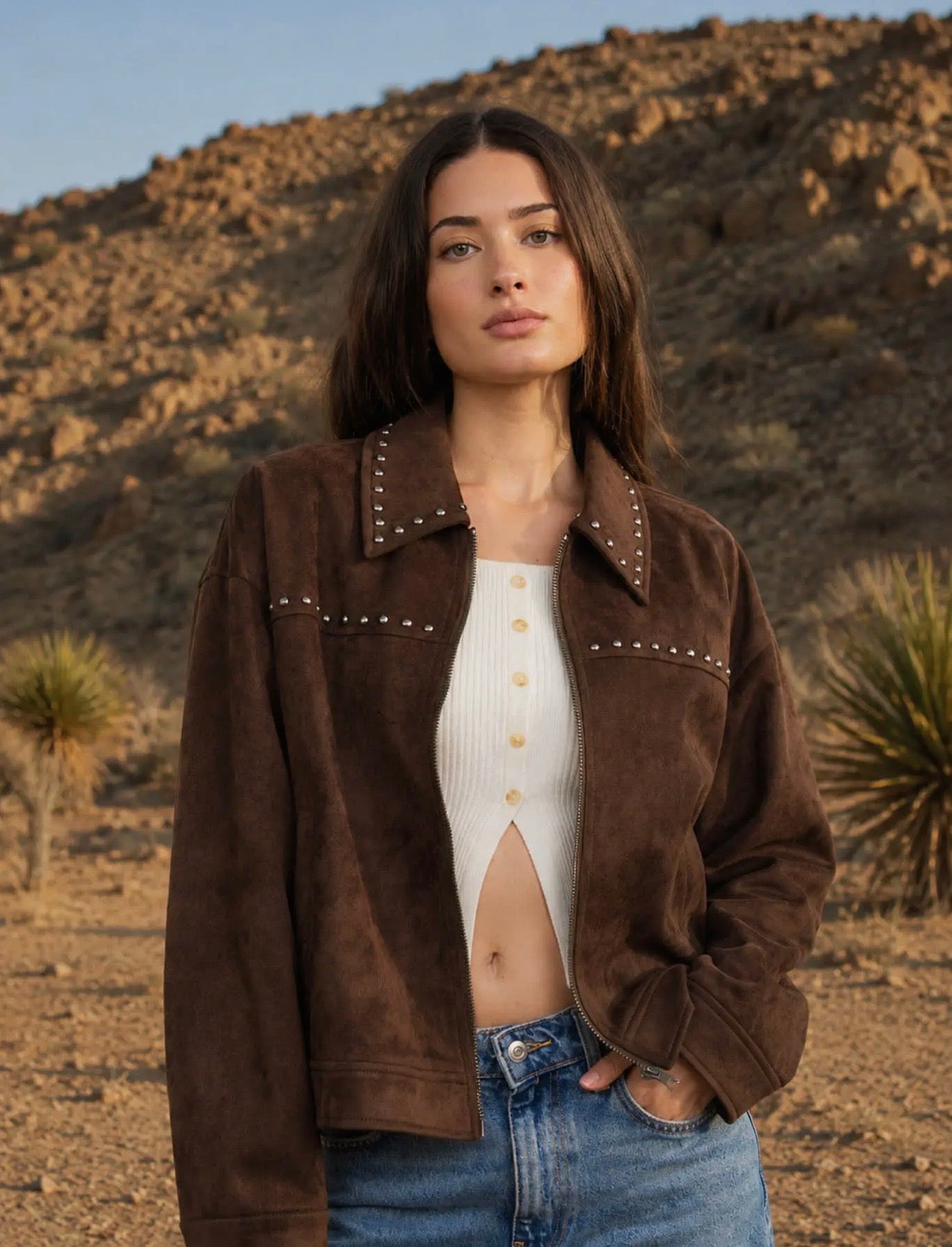 Vegan Suede Zip Up Jacket