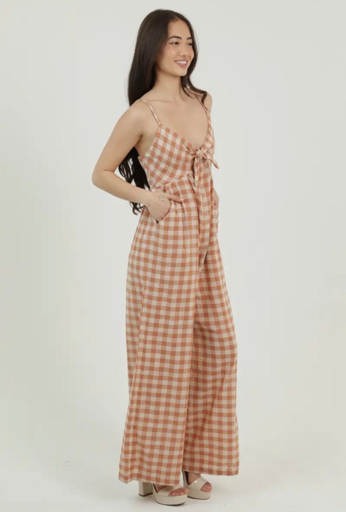 Ginger Gingham Tie Bust Wide Leg Jumpsuit