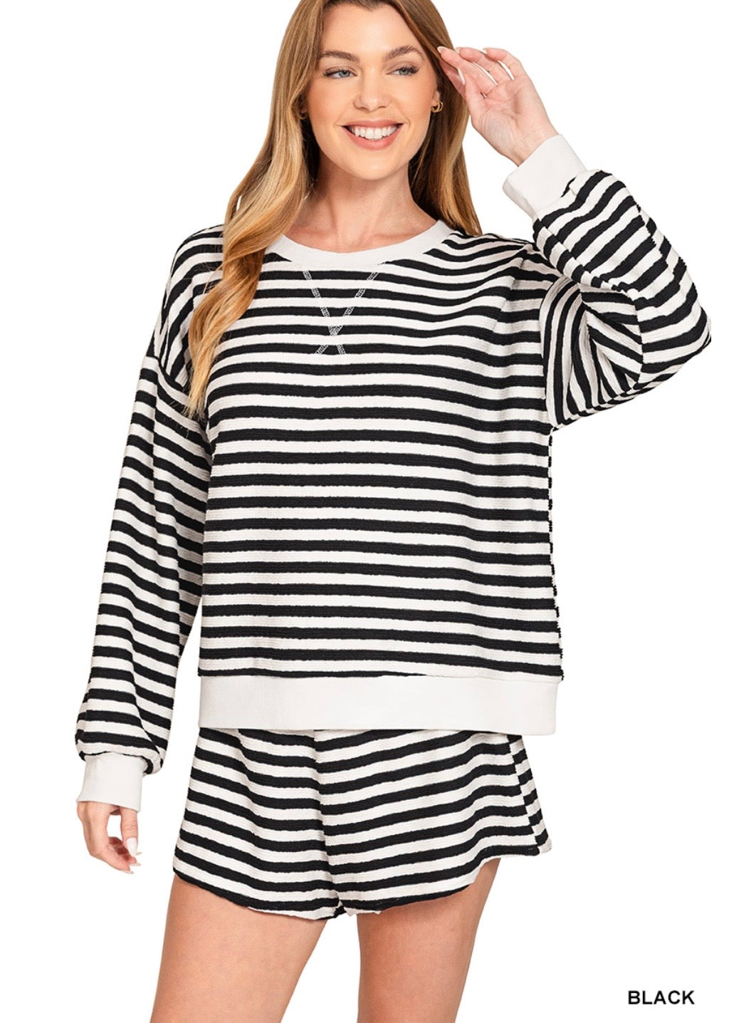 Kelsey Striped Rib Banded Pullover & Short Set