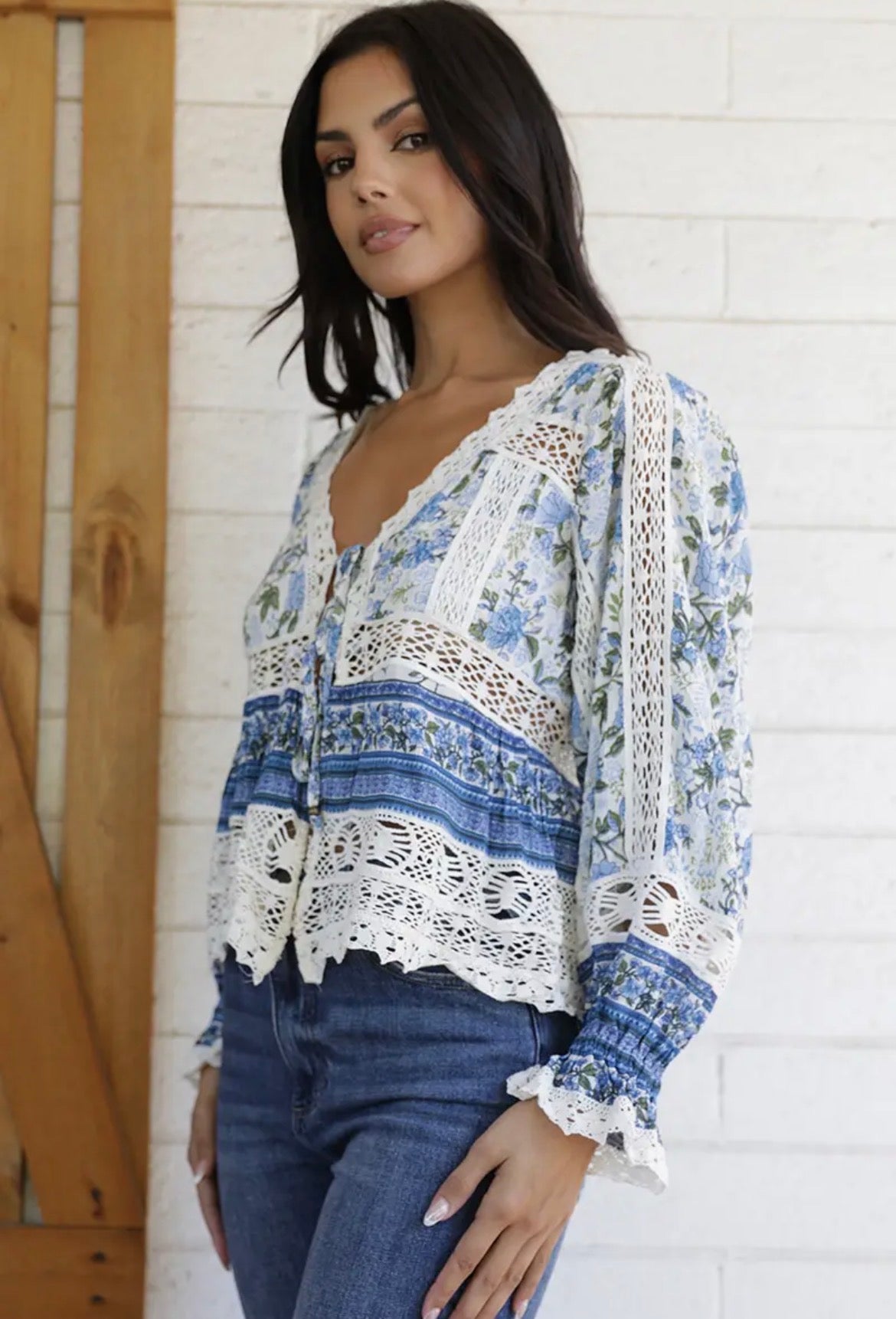 Beth Lace Trim Front Tie Long Sleeve Top