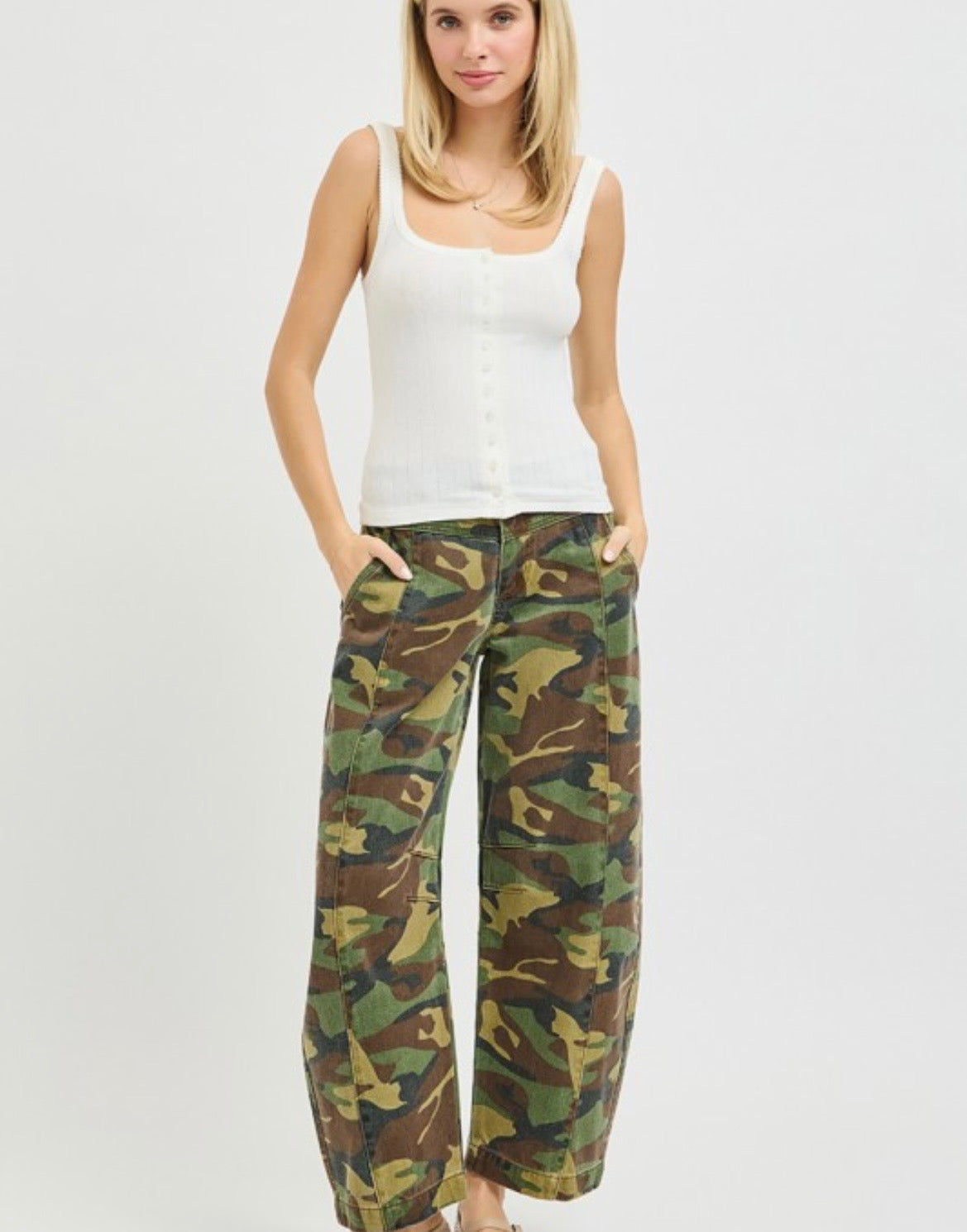 Camo Mid Rise Crop Barrel Jeans