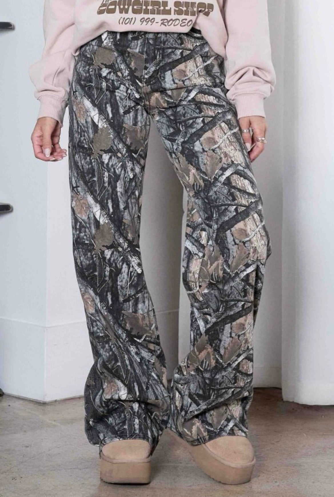 Dark Wood Wide Leg Camo Pants