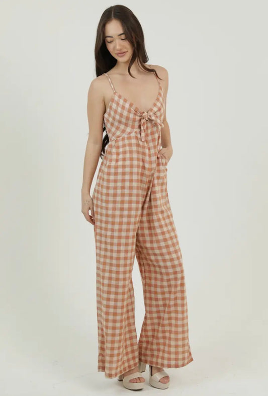 Ginger Gingham Tie Bust Wide Leg Jumpsuit
