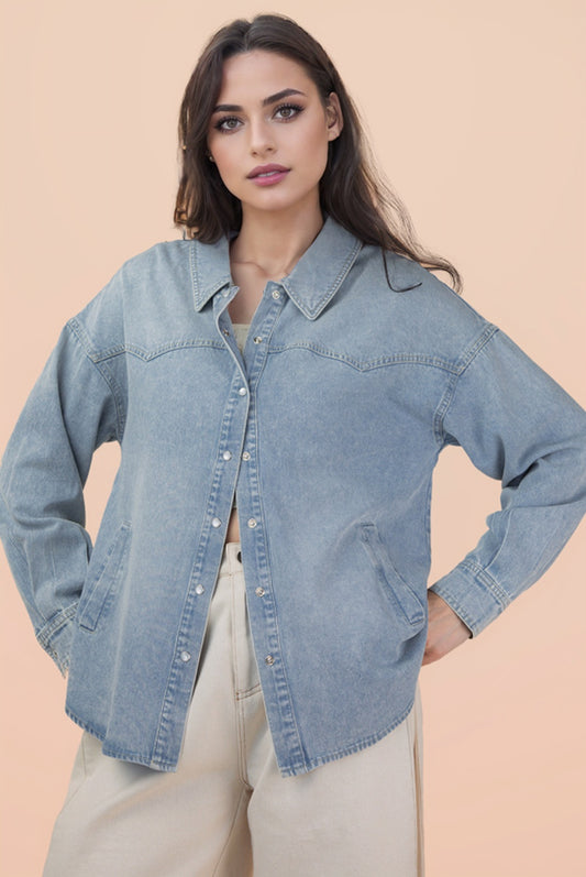 Addy Western Denim Button Down Pearl Snap Button